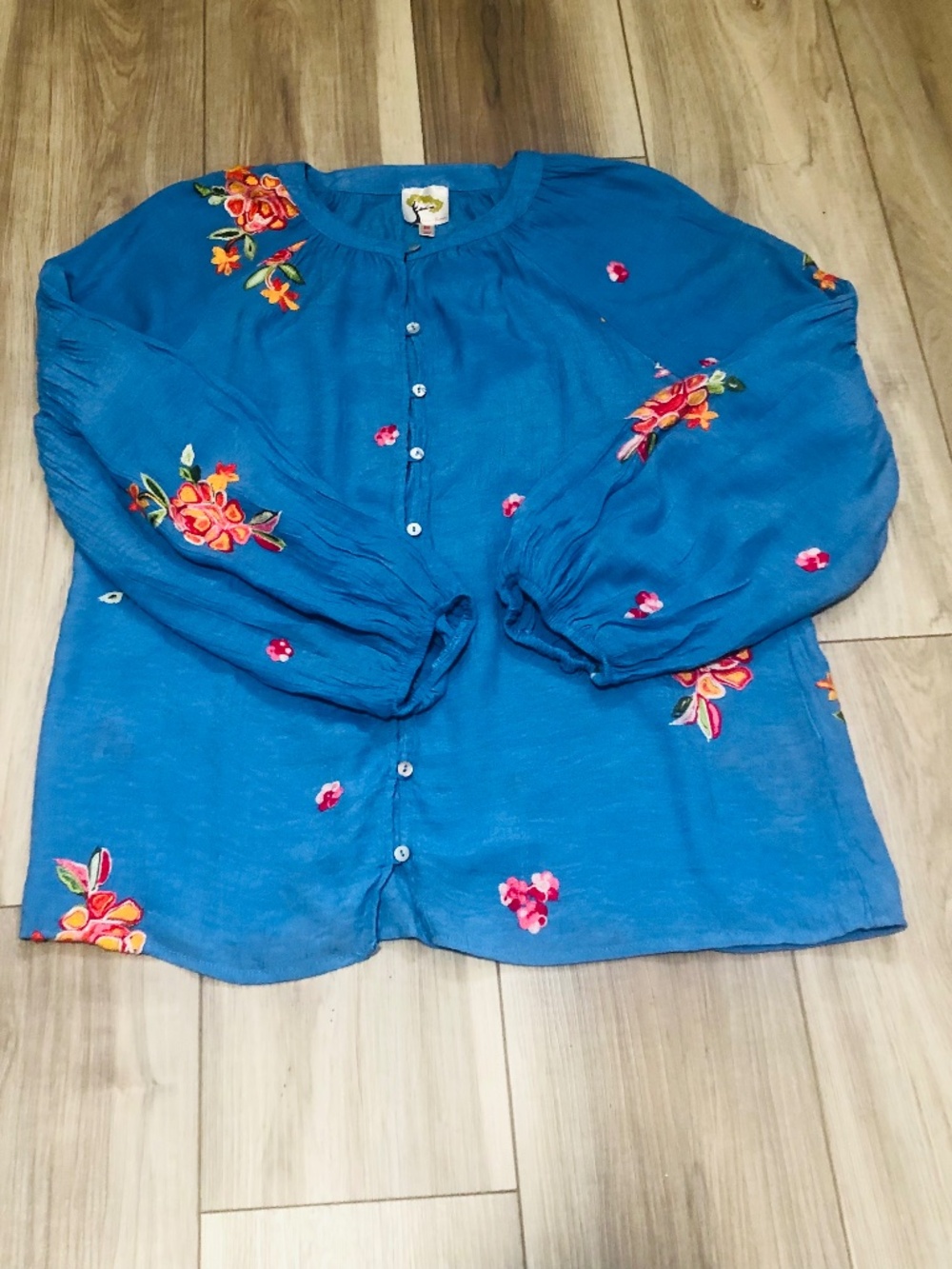 Fig & Flower Blue Embroidered Boho Peasant Blouse Floral Balloon Sleeve Size Med